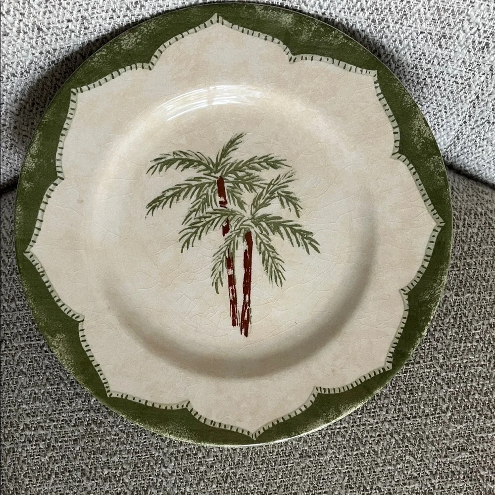 5 Pier 1 Ironstone Sabel palm tree salad plates green scallop trim 8” Brazil